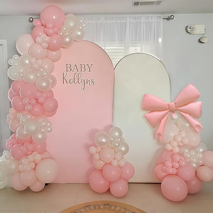 Double Stuffed Pearl White and Pink Balloon Arch Garland Kit, Pearl White Beige with Pink Bow Foil Balloons for Girls Women Wedding Bridal Baby Shower Bachelorette Coquette Birthday Party Decorations