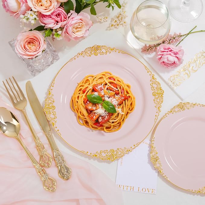 Ciaell 300PCS Pink and Gold Plastic Plates - Pink Disposable Dinnerware Sets for 50 Guests - 100 Plates, 50 Knives, 50 Forks, 50 Spoons, and 50 Napkins for Wedding, Anniversary and Party