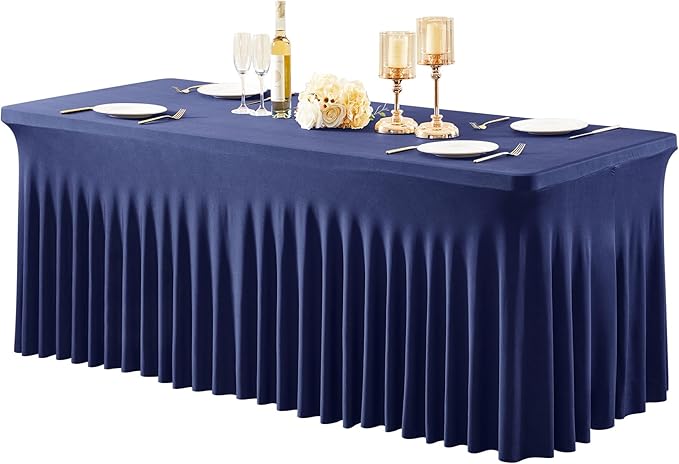1 Pack Navy Blue Table Clothes for 8 Foot Rectangle Tables, One-Piece Wrinkle Resistant Stretch Spandex Table Covers with Table Skirt for Event Banquet Wedding Birthday Party