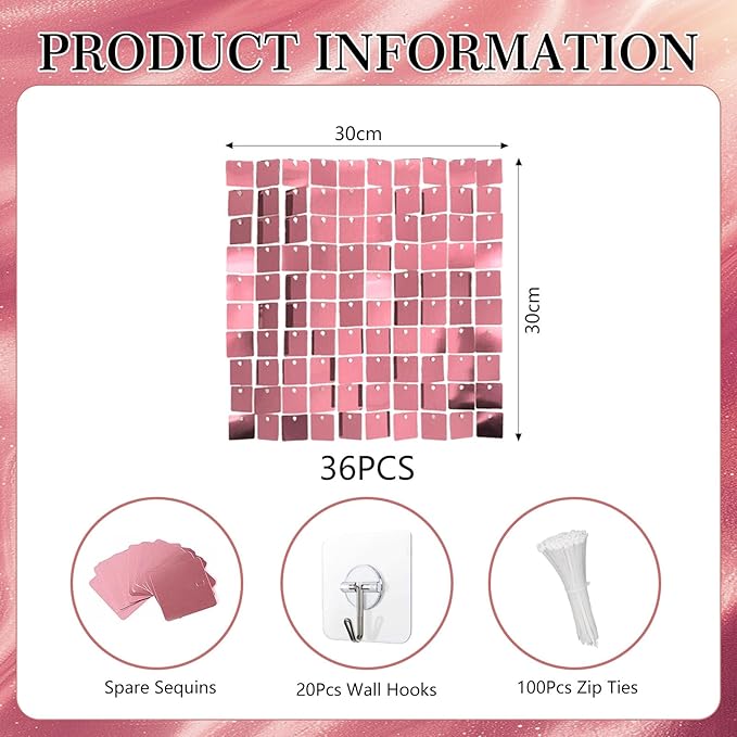 36 PCS Deep Pink Shimmer Wall Backdrop, Square Sequin Photo Backdrops Panel, Glitter Wall Background for Birthdays, Weddings, Halloween, Engagements, Disco Bachelorette Party Decoration (6FTx6FT)
