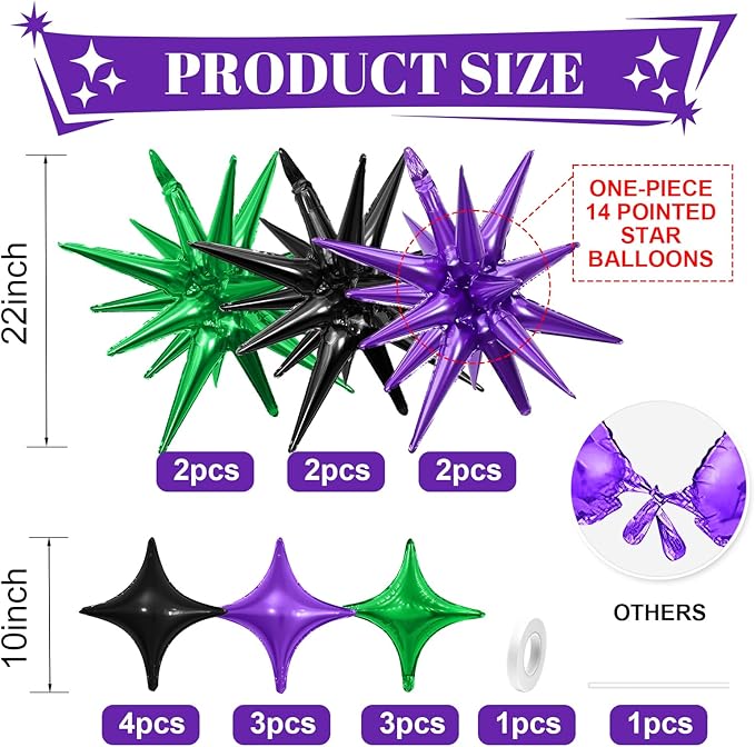 Black Purple Green Star Balloon,6Pcs 22Inch Explosion Star Balloons and 10Pcs 10Inch Four Angle Balloons Kit for Halloween Birthday Anniversary Baby Shower Wedding Party Decorations