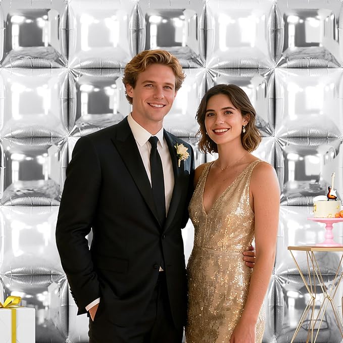 NISOCY 25PCS Metallic Silver and Pearl White Square Foil Balloons Wall Backdrop Double Sided Silver and White Balloons Arch Kit for New Year Birthday Engagement Wedding Bridal Shower Party Decorations