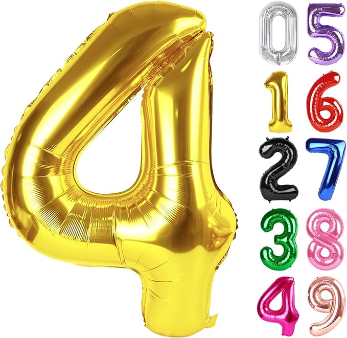 Gold Number 4 Balloon 40 Inch, 4th Birthday Party Decorations for Children, Giant 4 Foil Balloon for Party Supplies