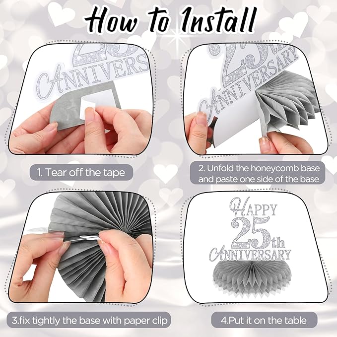 9Pcs 25th Wedding Anniversary Decorations 25th Silver Wedding Anniversary Honeycomb Centerpiece Silver Wedding Anniversary Table Toppers Honeycomb Decorations