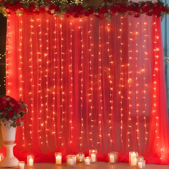 10ft x 10ft Red Backdrop Curtain with Lights String for Parties, Sheer Tulle Wedding Photo Backdrops Drapes for Baby Shower Birthday Party Decorations Background for Photography