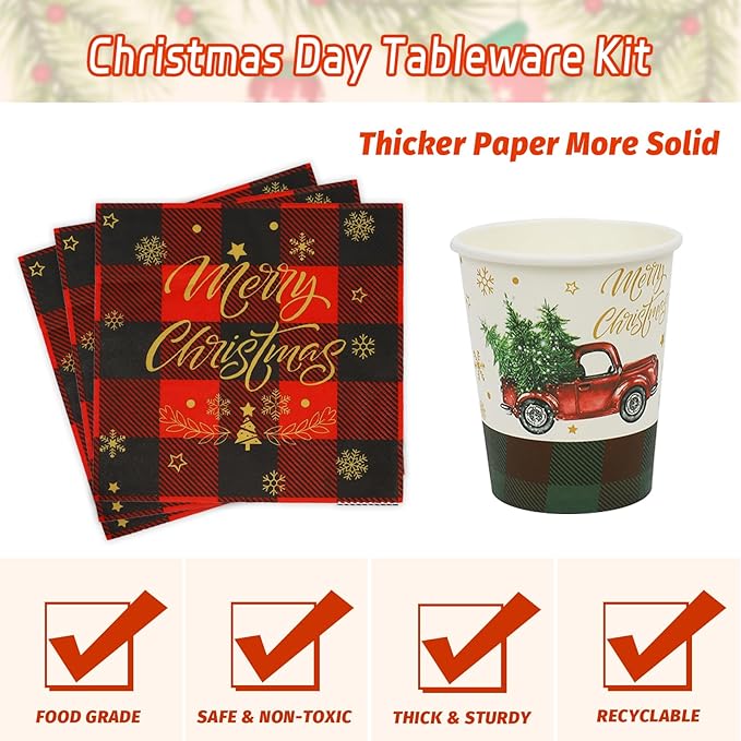 ANALIM 350 PCS Christmas Disposable Paper Dinnerware Set Includes Dinner Plates, Dessert Plates, Cups, Napkins, Knives, Forks, Spoons for Christmas Party Supplies