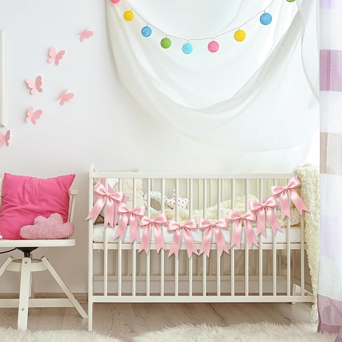 1 String of 8PCS Pink Bow Garland Banner Decoration,Pre-Strung Satin Ribbon Ornaments for Birthday,Bachelorette Party,Bridal Shower,Wedding,Engagement,Baby Shower,Graduation Decor,Anniversary