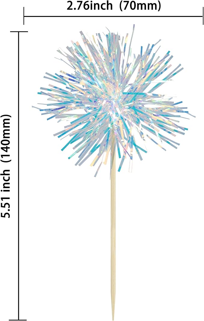 Gyufise 30Pcs Foil Firework Cupcake Toppers Sparkle Tinsel Cake Toppers Tinsel Drink Cake Decoration Cocktail Picks for Birthday Wedding Graduation Party Supplies Laser White