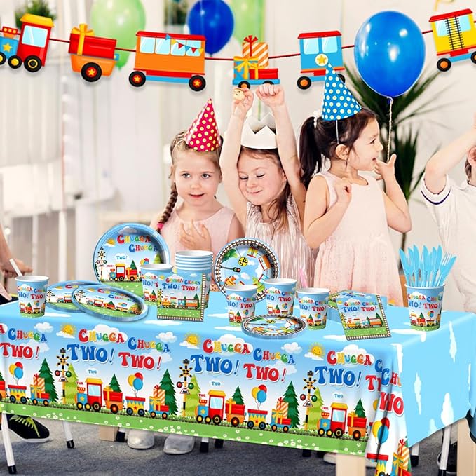 Chuagaa Chugga Two Two 142PCS Birthday Decoration Train Paper Plates Tableware Set - Transportation Table Cloth Banner Cups for 2nd Birthday Train Party Supplies