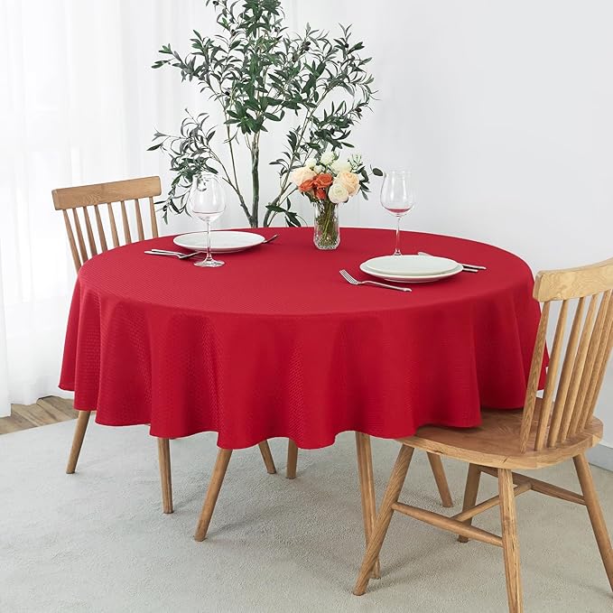maxmill Round Tablecloth Weaved Texture Design Spill-Proof Wrinkle Free Soft Christmas Table Cloth for Circular Table Cover, for Dining Room Banquet Parties Holiday Dinner, 90 Inch Red