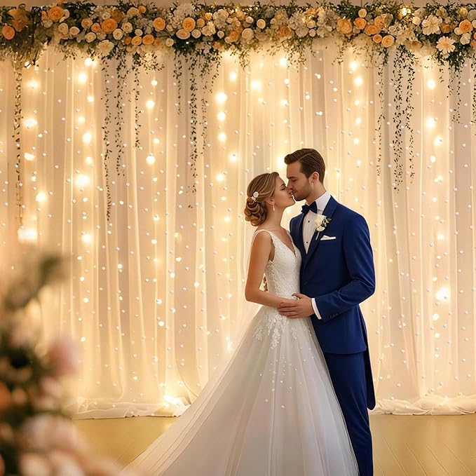 10 * 8FT Beige Pearl Tulle Double Layered Backdrop Curtain with Lights String and Lining Fabric for Wedding Baby Shower Birthday Parites Photo Decorations