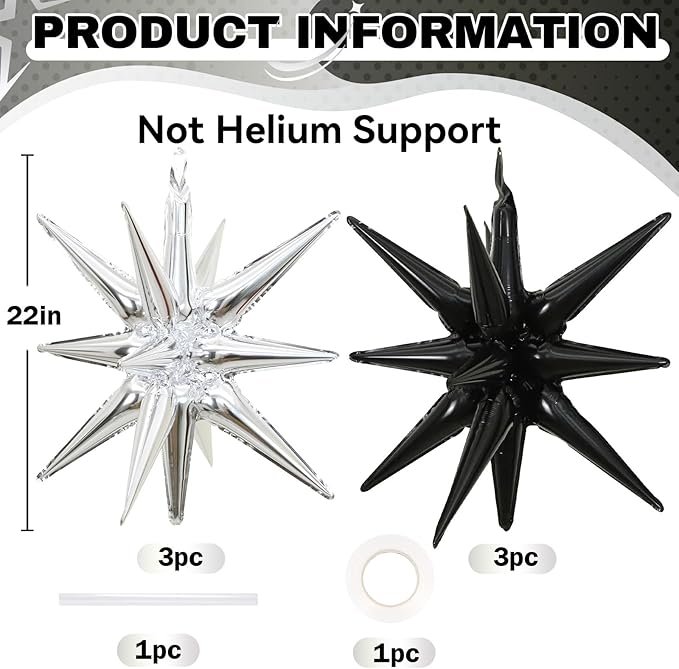 6PCS Silver Black Star Balloons, 22Inch Large Star Balloon Foil Balloons Spike Cone Balloon for Birthday Anniversary New Years Party Decorations