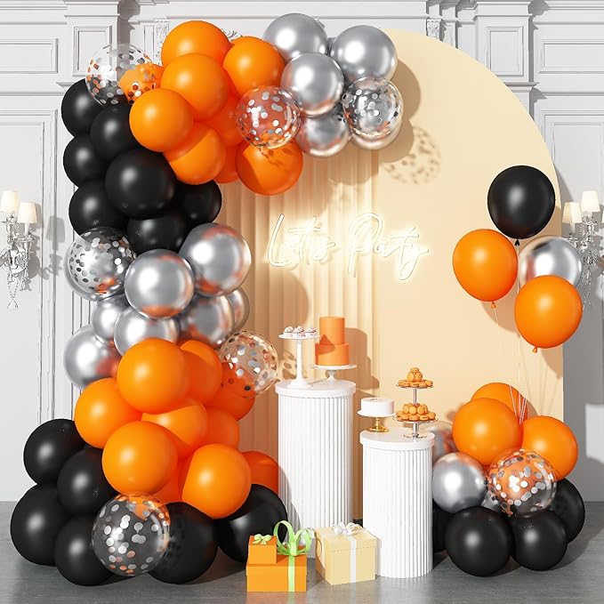 Black Orange Balloons 12 Inch Black Orange Silver Confetti Balloons Halloween Trick or Treat Balloon for Boys Men Basketball Graduation Bachelorette Baby Shower Birthday Party Decorations, 35 Pcs