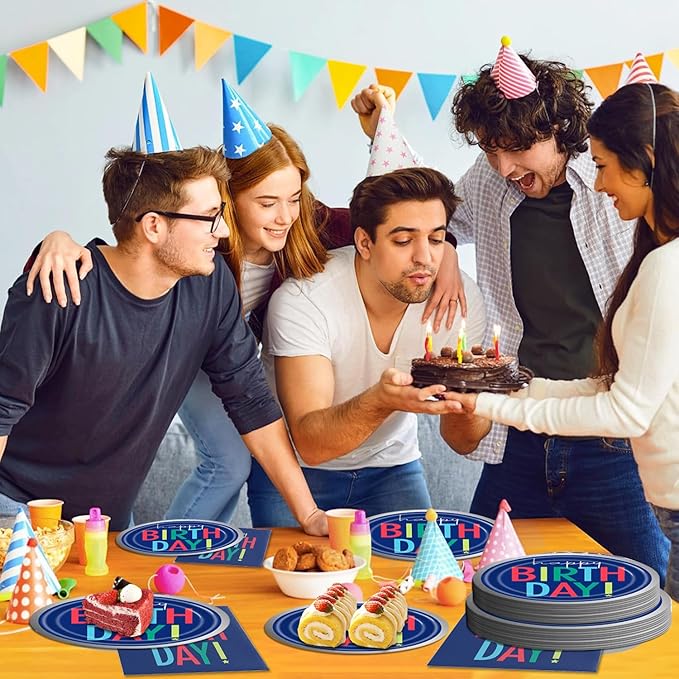 96Pcs Dark Blue Party Decorations Tableware Set Plates Napkins Forks Serves 24 Guests Multicolor Happy Birthday Party Decorations