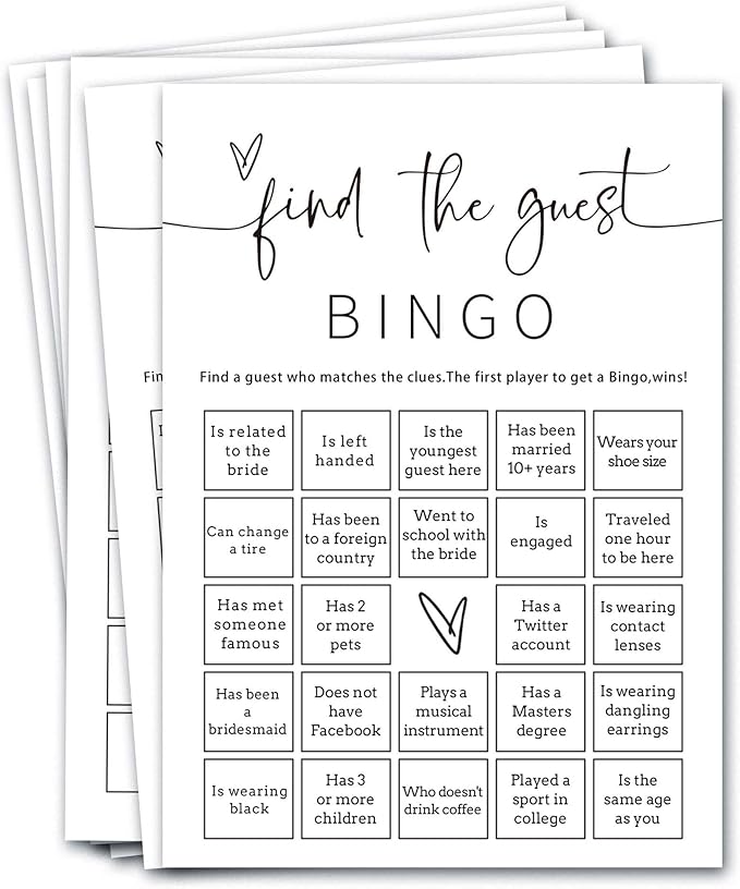 Bridal Shower Bingo, 25Pcs Prefilled Find The Guest Bingo Game Cards, Engagement Party Games for Guests, Minimalist White Wedding Party Supplies - A19