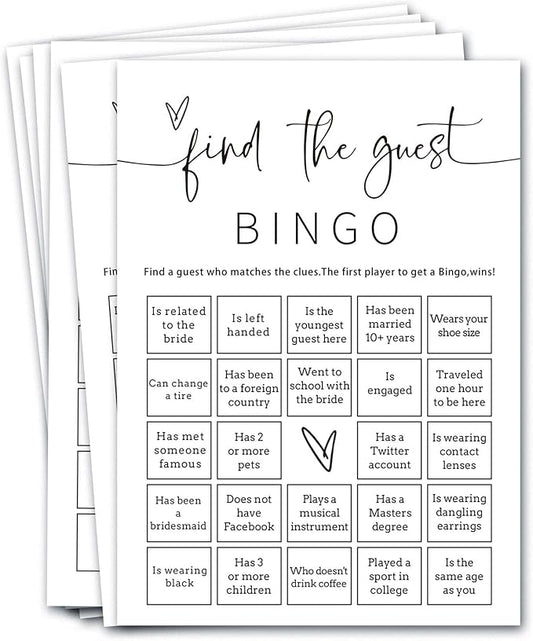 Bridal Shower Bingo, 25Pcs Prefilled Find The Guest Bingo Game Cards, Engagement Party Games for Guests, Minimalist White Wedding Party Supplies - A19