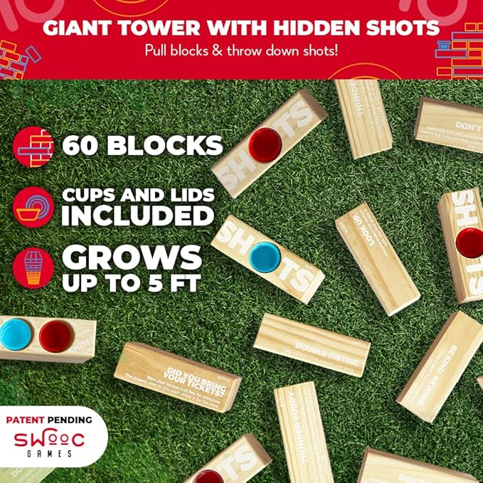 SWOOC Games - Giant Tower Party Game with Hidden Jello Shots - Includes Disposable Cups, Lids & Carrying Case - Stacks up to 5ft - Tipsy Topple Game for Adults - Giant Outdoor Games - Jumbo Bar Fun