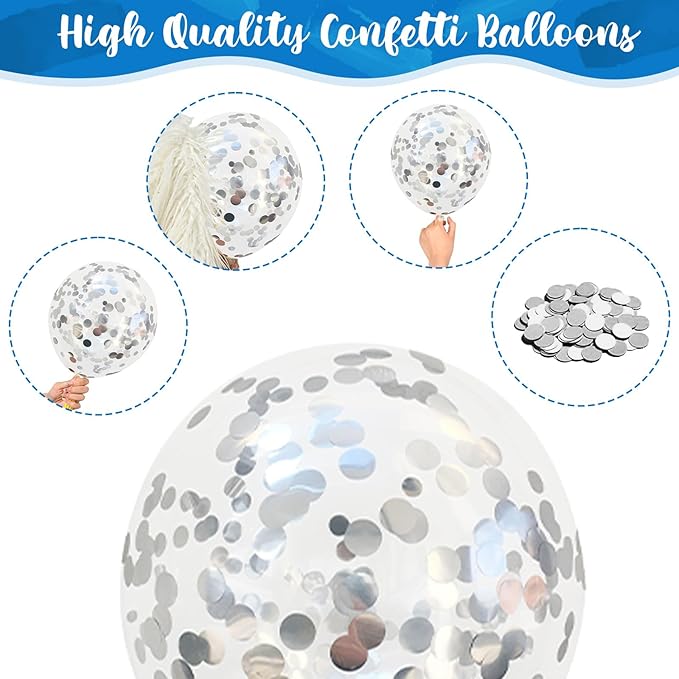 Blue and Silver Balloons, 12 Inch Metallic Blue Silver White Balloons Set, Pearl Light Blue Aqua Baby Blue Silver Confetti Latex Balloons for Boys Birthday Baby Shower Christening Party Decorations