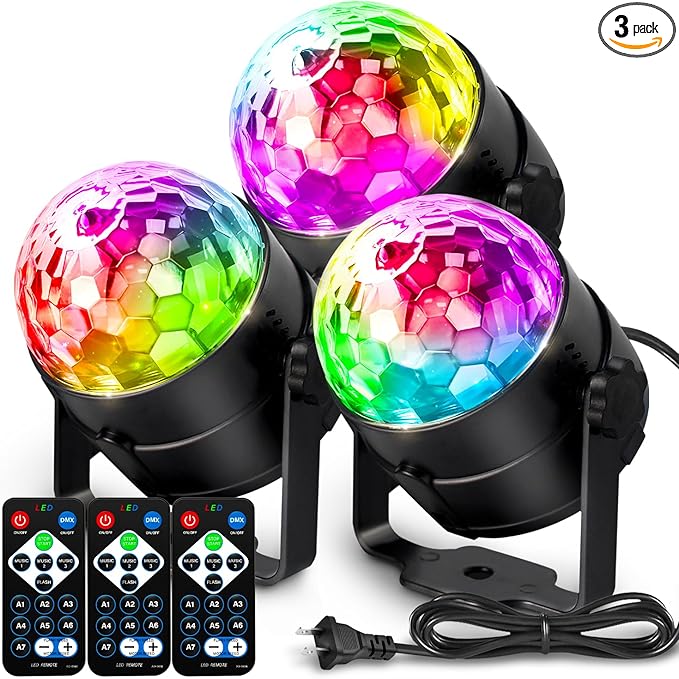 NEQUARE Disco Ball DJ Party Lights Sound Activated with Remote Control Strobe Lamp 7 Modes Stage Light for Home Room Dance Parties Karaoke Halloween Christmas Birthday Decorations[3-Pack]
