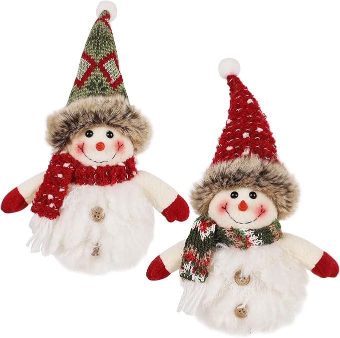 Juegoal 2 Pack Christmas Table Decorations, 10 Inch Lighted Plush Snowmen Figurines, Light Up Snowman Holiday Present, Battery Operated Xmas Gifts Tabletop Ornaments Dinner Party Supplies, Brown Brim