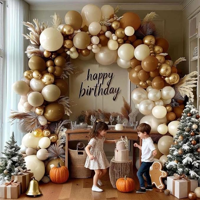 Brown Balloon Garland Arch Kit Double Stuffed, Pearl White Sand Tan Coffee Beige Apricot Ivory Gold Neutral Balloon for Boho Baby Shower Fall Birthday Wedding Thanksgiving Party Decoration