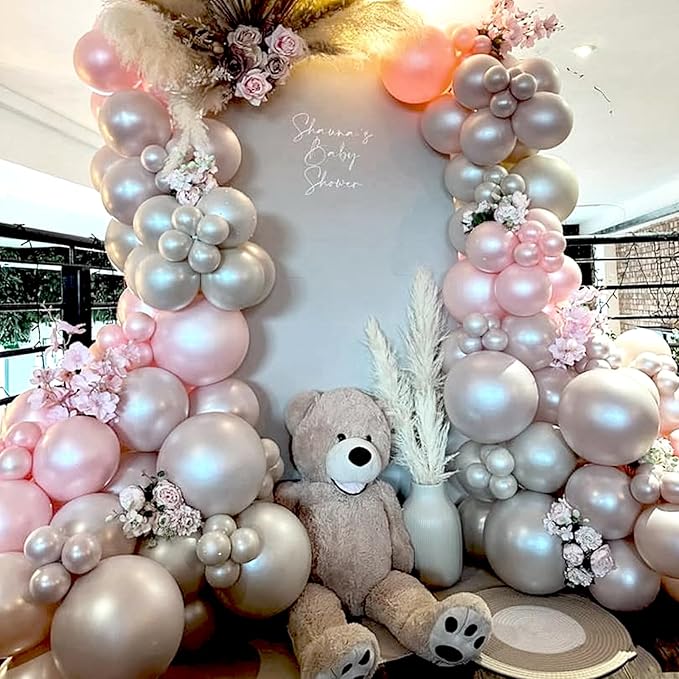 Pearl Pink Balloon Arch Kit Double Stuffed Pearl and Pink Balloons With Pear-l Stickers 5/10/12/18 Inch P-ink Balloon Arch For Wedding Birthday Baby Shower Decorations