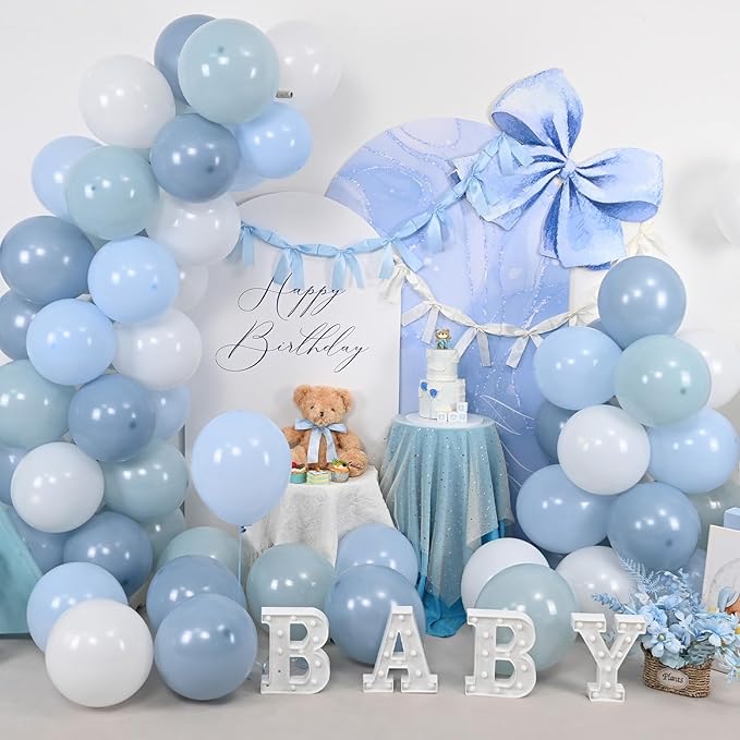 Dusty Blue Balloons, 60 Pcs 12 Inch Fog Slate Baby Blue Balloons with Matte White Latex Balloon for Baby Shower Birthday Bridal Shower Wedding Engagement Bachelorette Party Decorations Supplies