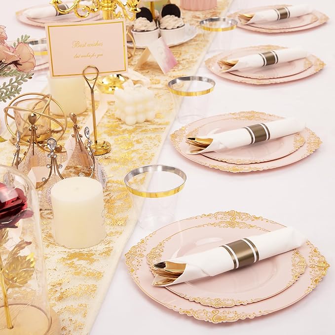 Nervure 175PCS Pink Plastic Plates - Disposable Pink Gold Party Plates & Pre Rolled Napkins with Cutlery for 25 Guests, 50Plates, 75Silverware, 25Cups, 25Napkin for Wedding & Party