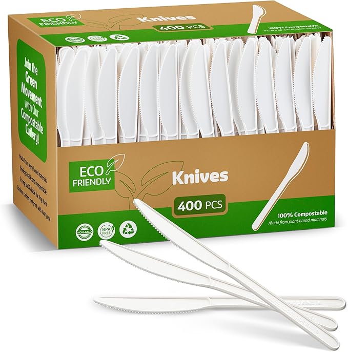 100% Compostable PLA Knives Bulk Pack 400 Pcs Biodegradable Disposable Plastic Cutlery Utensils