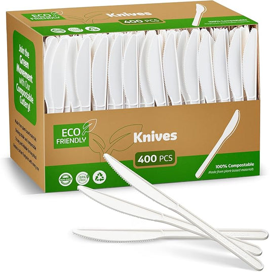 100% Compostable PLA Knives Bulk Pack 400 Pcs Biodegradable Disposable Plastic Cutlery Utensils