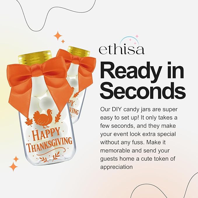 12 Pack Thanksgiving Candy Jars with Ribbons & Stickers – Mini Favor Bottles for Kids – DIY Candy Containers for Classroom, Fall Parties, Baby Showers, and Holiday Table Decorations