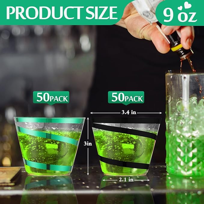 Gejoy 9 oz Rimmed Swirl Plastic Cups Disposable Wine Drinking Cups Clear Elegant Halloween Tumblers for Christmas Party Supplies(Black，green,100 Pcs)