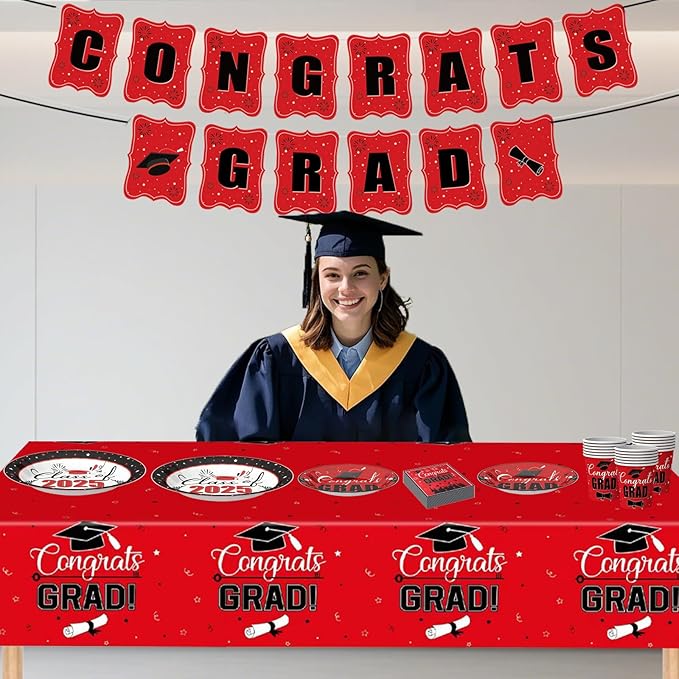 126PCS Graduation Party Decorations of Class 2025 - Including Disposable Paper Plates, Congratulation Banner, Tablecloth, Cups & Napkins for graduation party Supplies