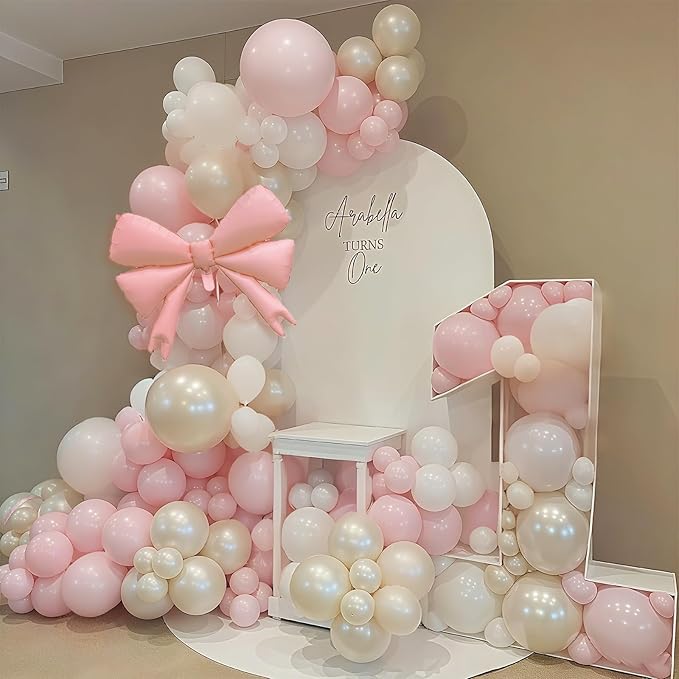Double Stuffed Pearl White and Pink Balloon Arch Garland Kit, Pearl White Beige with Pink Bow Foil Balloons for Girls Women Wedding Bridal Baby Shower Bachelorette Coquette Birthday Party Decorations