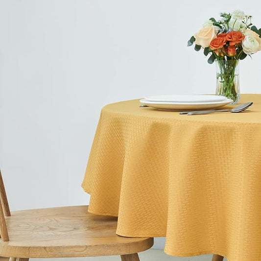 maxmill Round Weaved Texture Design Tablecloth Spill-Proof Wrinkle Free Soft Washable Table Cloth for Circular Table Cover, for Dining Room Banquet Parties Holiday Dinner, 90 Inch Ochre Yellow