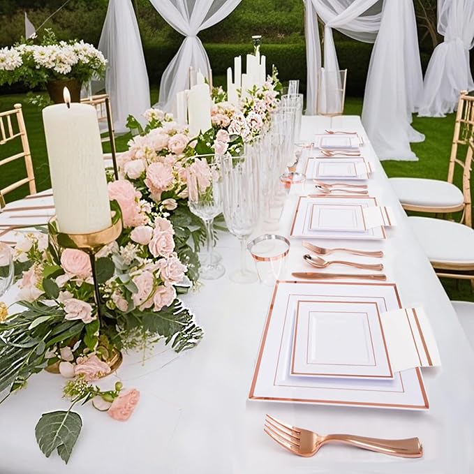 Festiva 350Pcs Rose Gold Plates and Napkins Party Supplies-Square White and Rose Gold Disposable Dinnerware include Plates Cups Cutlery Napkins for 50 Guests Wedding &Christmas Party&Mother's Day