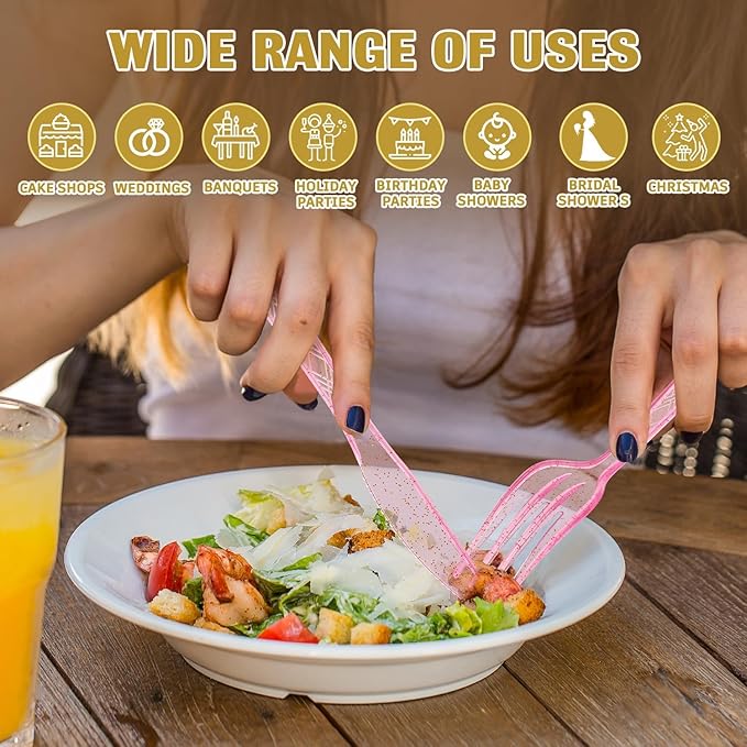 Plastic Silverware Heavy Duty Plastic Cutlery Set Heavyweight Disposable Flatware Includes Spoons Forks Knifes for Birthday Party Prom Night Wedding Dinner (180, Clear Pink)