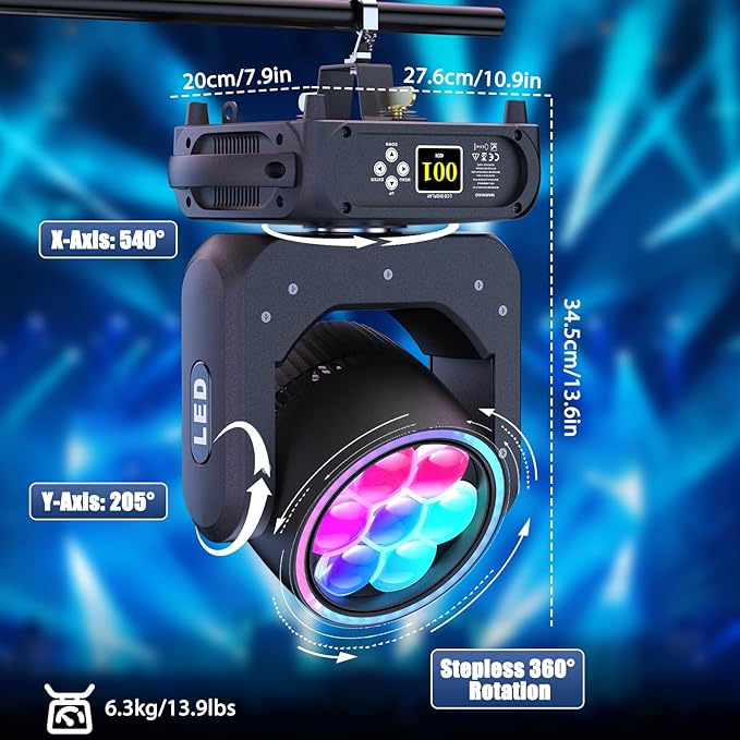 2PCS Moving Head Light 7x40W LED with Wash Beam Vortex Kaleidoscope Effect RGBW 4 in 1Color Bee Eye Focus DJ Light by DMX and Sound Activated Control for Concert Hall Theater Stage Lighting Effect