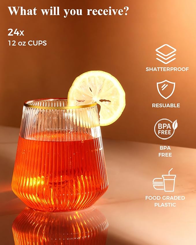 48 Pack Disposable Ribbed Origami Ripple Plastic Glasses Set - 24 9 OZ Stemless Champagne Flutes & 24 12OZ Cups, BPA-Free Shatterproof Clear Drinkware for Weddings, Parties & Events(Gold Rim)