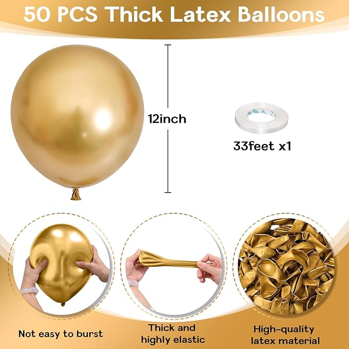 Gold Balloons 12 Inch, 50Pcs Metallic Gold Balloons Chrome Gold Metallic Balloon Golden Shiny Matte Gold Latex Balloons for Birthday Graduation Anniversary Baby Shower Wedding Party Decorations