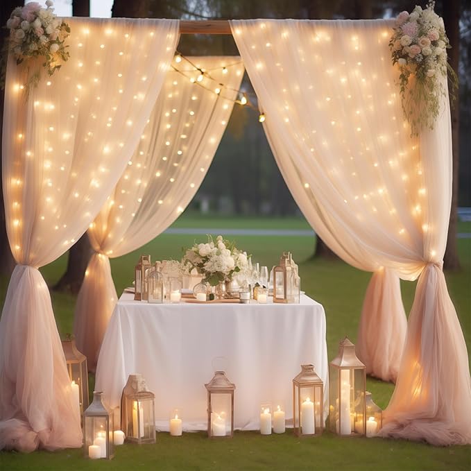 20ft x 10ft Champagne Backdrop Curtain with Lights String for Parties, Sheer Tulle Wedding Photo Backdrops Drapes for Baby Shower Birthday Party Decorations Background for Photography