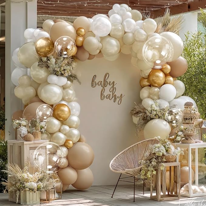 White Sand Gold Balloon Garland, Double Stuffed Pearl White Gold Cream Beige Balloons Clear Bobo Latex Balloons Arch Kit for Wedding Bridal Shower Birthday Boho Neutral Baby Shower Party Decorations