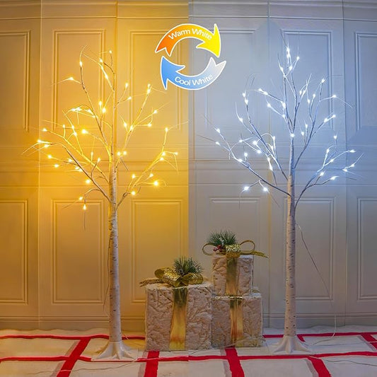 2-Pack 4FT Lighted Birch Tree, Birch Christmas Tree for Indoor & Outdoor, Upgraded 96 LED Birch Tree Lights for Outdoor Christmas Decorations Indoor Home Thanksgiving (Warm White & Cool White)