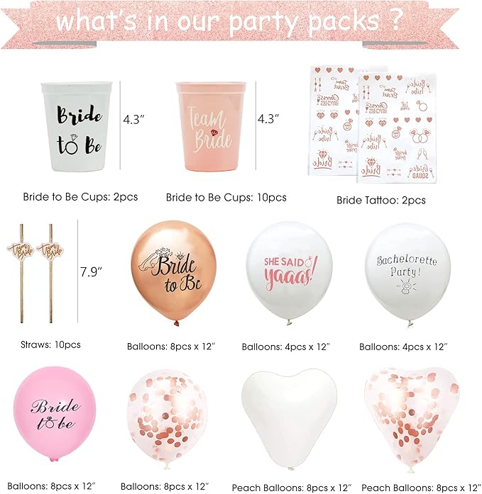 Bachelorette Party Decorations, Bridal Shower Decorations Including Photo Props, Table Runner, Veil, Headband, Banner, Cups, Sash, Balloons, Topper, Sticker, Bride Bachelorette Party Supplies