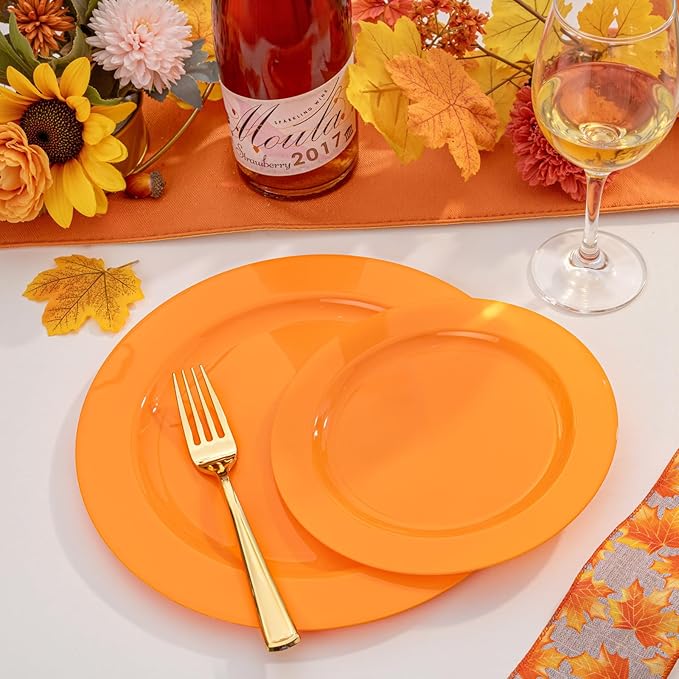 FLOWERCAT 60PCS Orange Plates - Heavy Duty Orange Plastic Plates Disposable for Thanksgiving & Halloween Party - Serve 30 Guests 10.25inch and 7.5inch