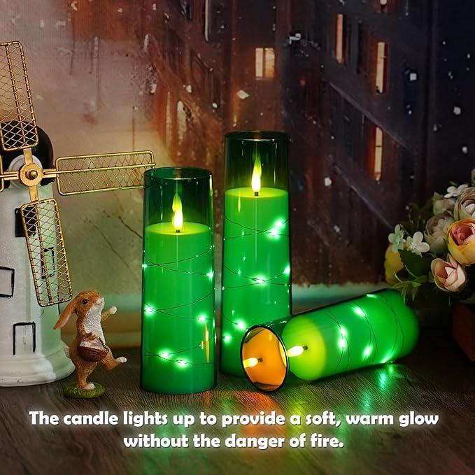 Flameless LED Candles with Timer 5 Pc Flickering Flameless Candles for Romantic Ambiance and Home Decoration Stable Acrylic Shell,with Embedded Star String，Battery Operated Candles（Green）