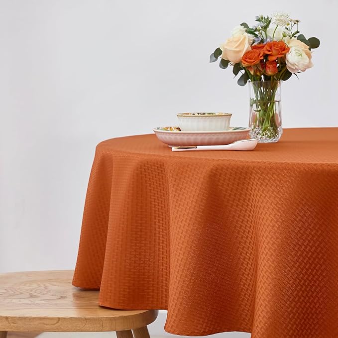 maxmill Round Tablecloth Weaved Pattern Spill-Proof Wrinkle Free Soft Jacquard Table Cloth for Circular Table Cover, for Dining Room Fall Harvest Thanksgiving Parties Holiday Dinner, 90 Inch, Rust