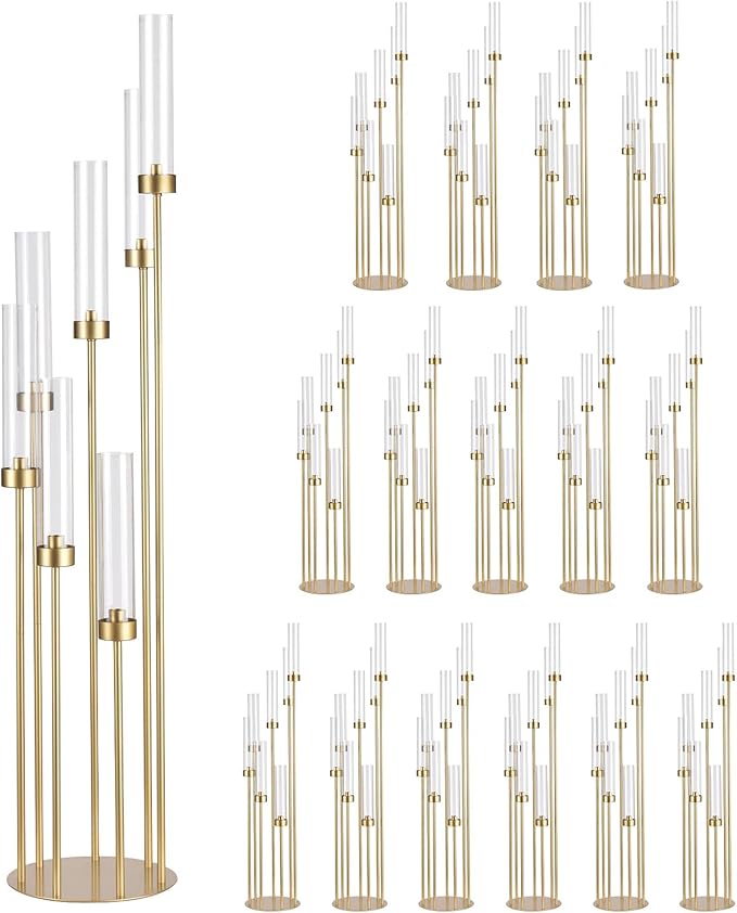 Tall Candelabra Centerpieces for Wedding,7 Arm Floor Candelabra Candle Holder Gold Centerpieces for Table Halloween Christmas Ceremony Dinner Party candelabros para centros de mesa(16PCS)
