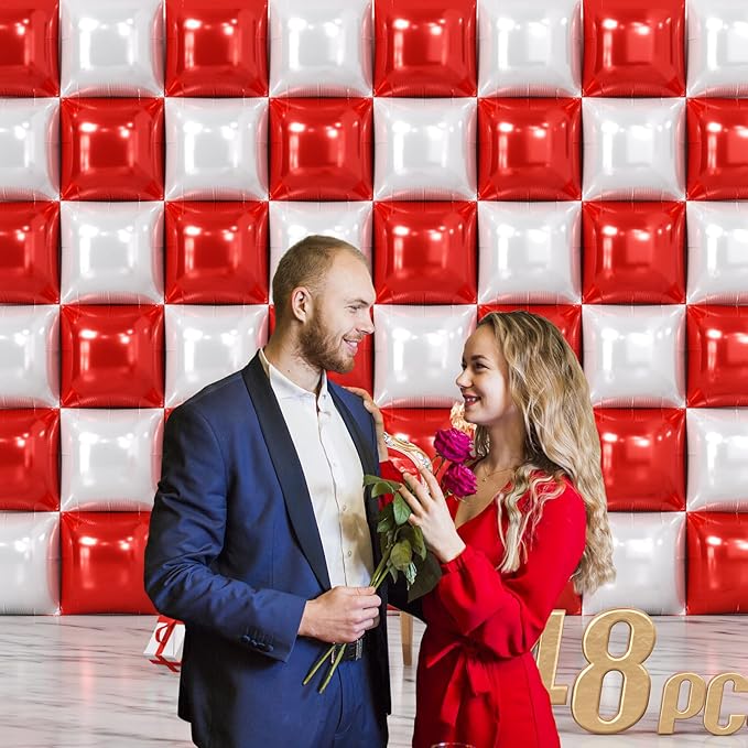 NISOCY 48PCS Red White Square Foil Balloons Wall Backdrop Double Sided Red Pearl White Balloons Arch Kit for Birthday Wedding Bridal Shower Valentine Anniversary Party Decorations