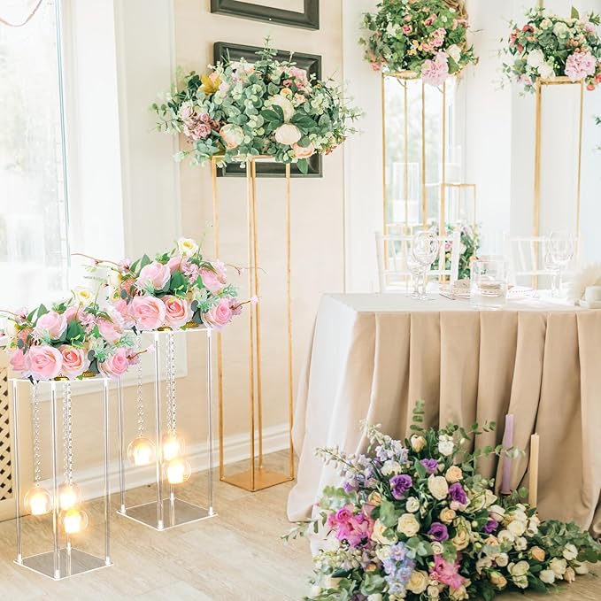 Yerliker 2 Sets 20'' Tall Acrylic Flower Vase Wedding Centerpieces Flowers Stand with Hanging Glass Tealight Globe Candle Holders, Crystal Garland Strands and Self Adhesive Hook (Cuboid)